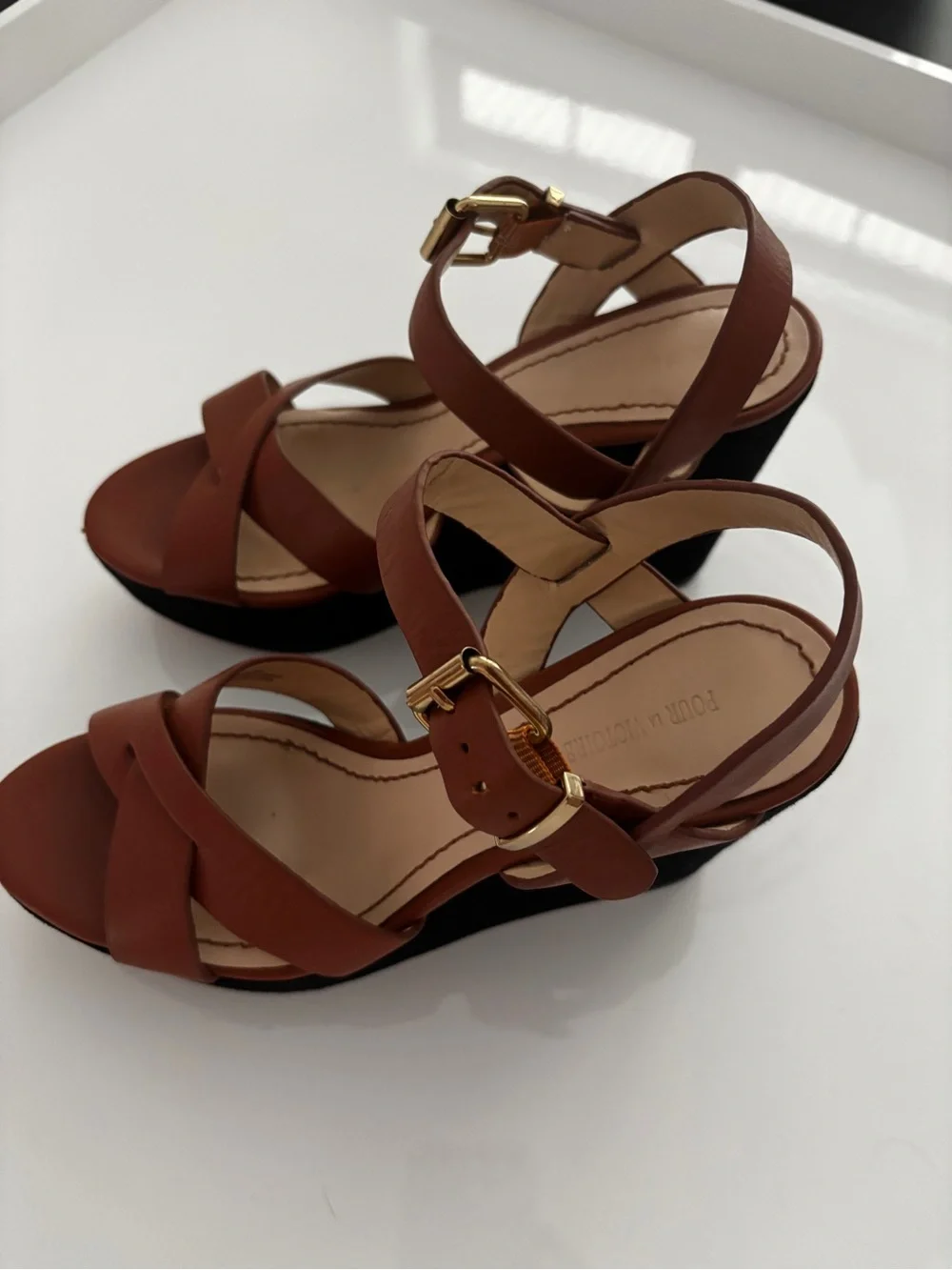 Pour La Victoire Brown Leather Wedge Sandals with Gold Buckles